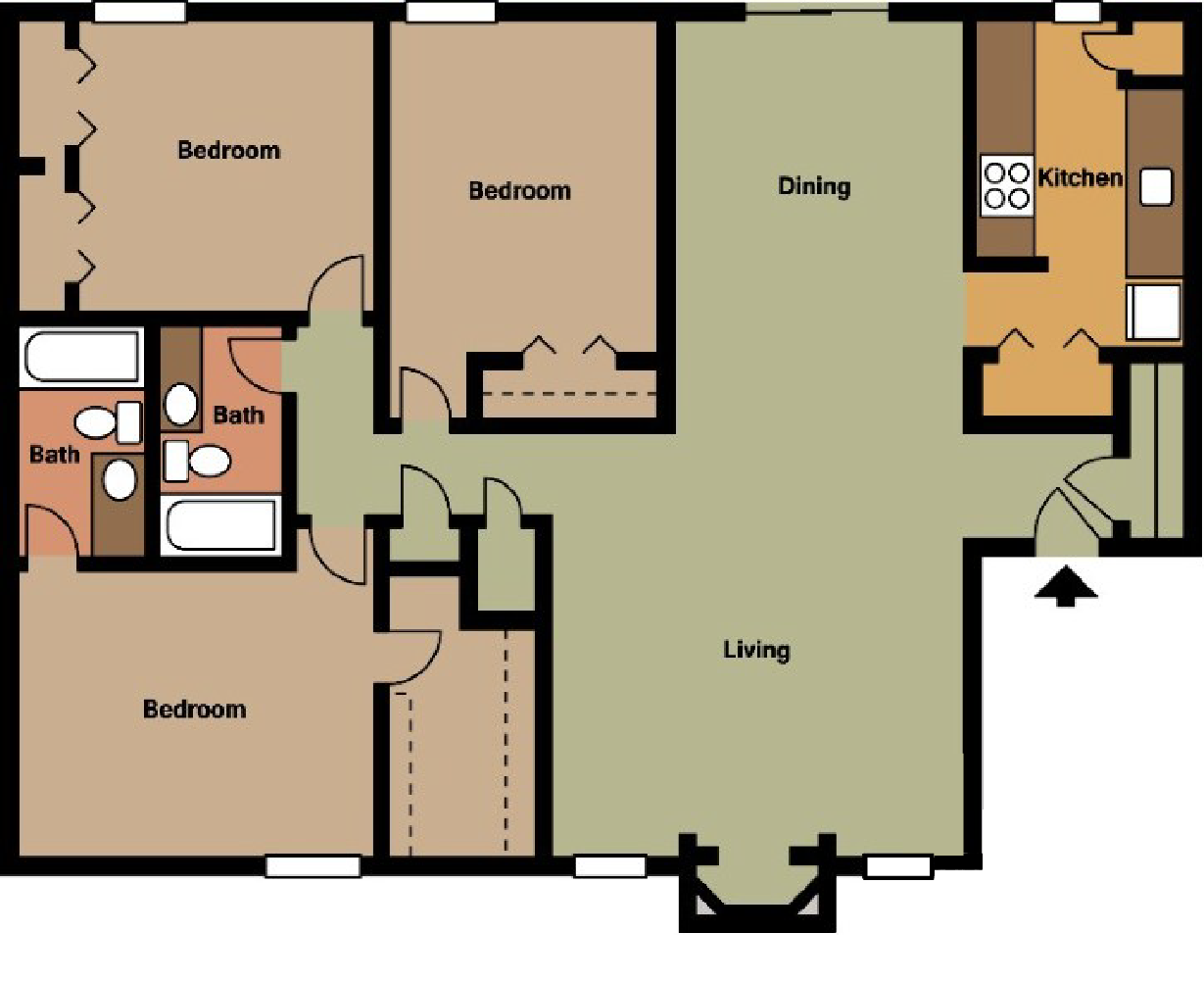 Floor plan for 3 beds, 2 baths, 1450 sqft